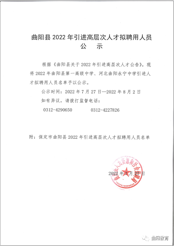 曲阳县2022年引进高层次人才拟聘用人员公示